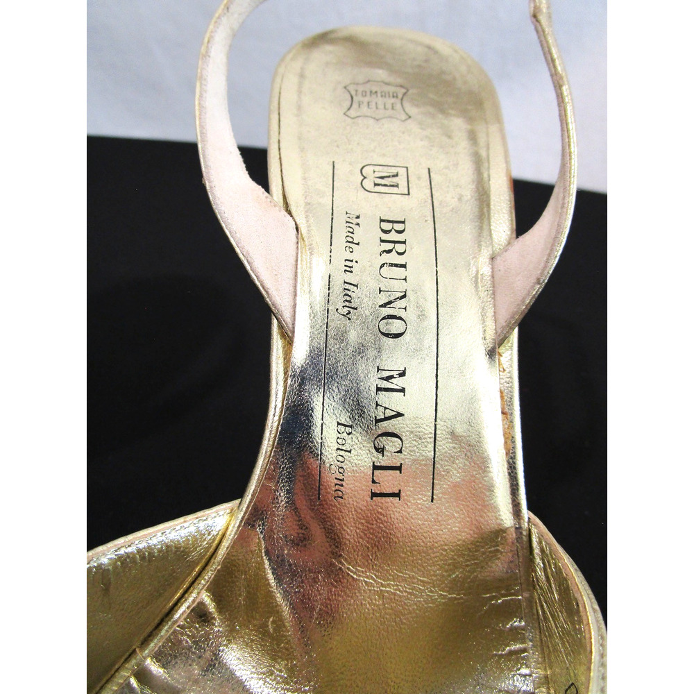 Vintage Bruno Magli Italy Gold Leather Rhinestone Slingback Heels, Women 6.5 B - Picture 5 of 11